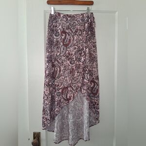 Love, Fire Paisley High‑Low Skirt | Boho Festival Flowy Midi | Pink Red Black